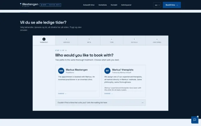 Skjermfangst av forsiden til Bookingsystem